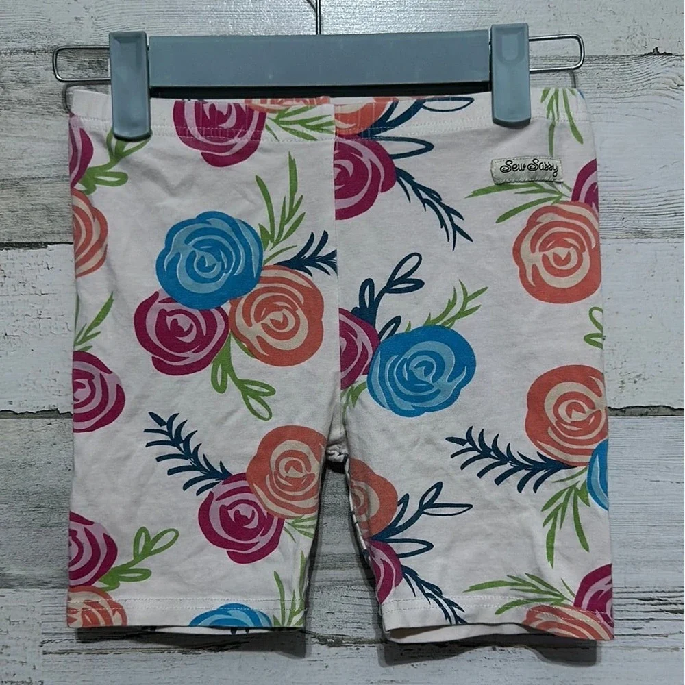 Sew Sassy Bike Shorts Girls 12 Multicolor Floral Rose Print EUC